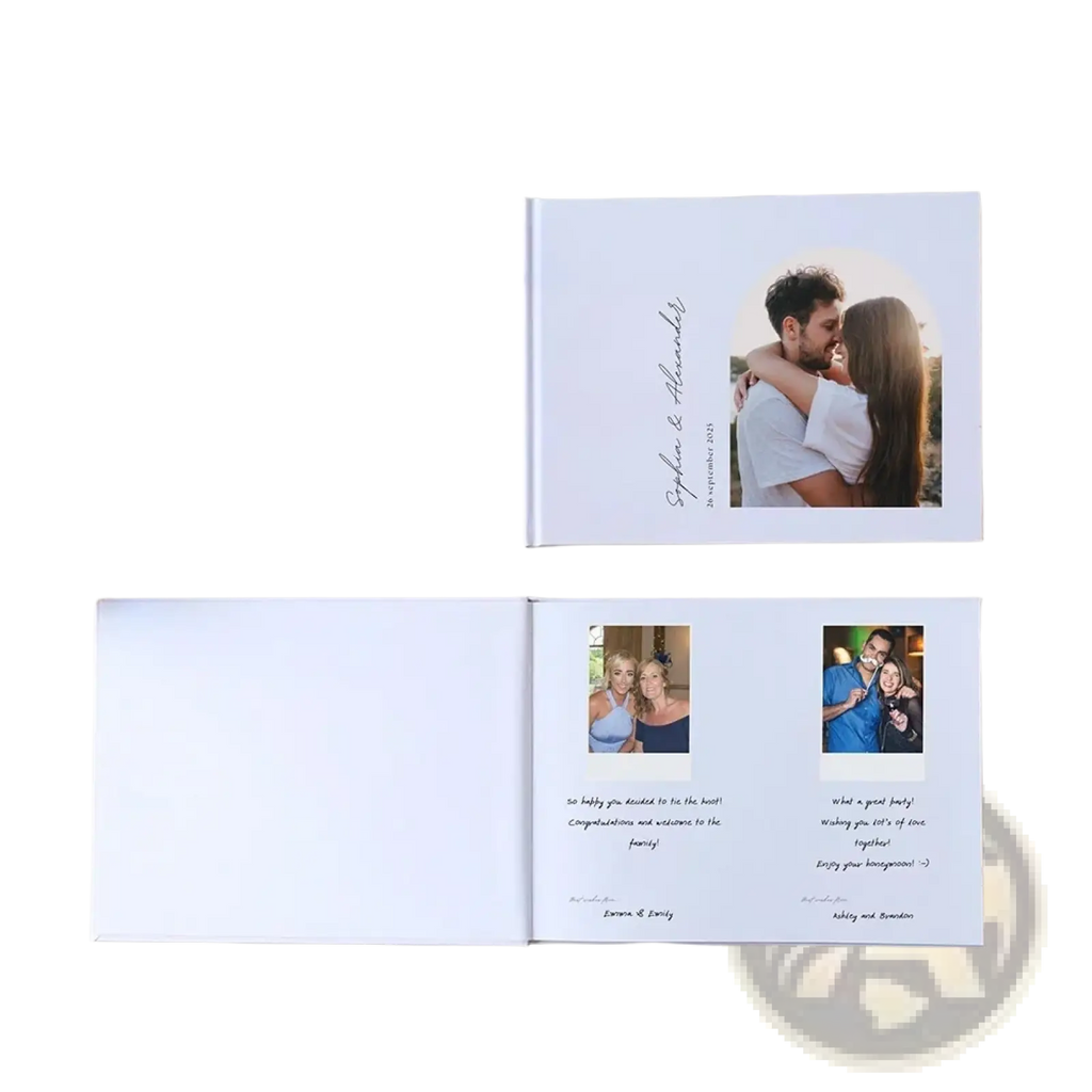Custom photo wedding guest book white minimalist album with printed photos and handwritten messages on pages