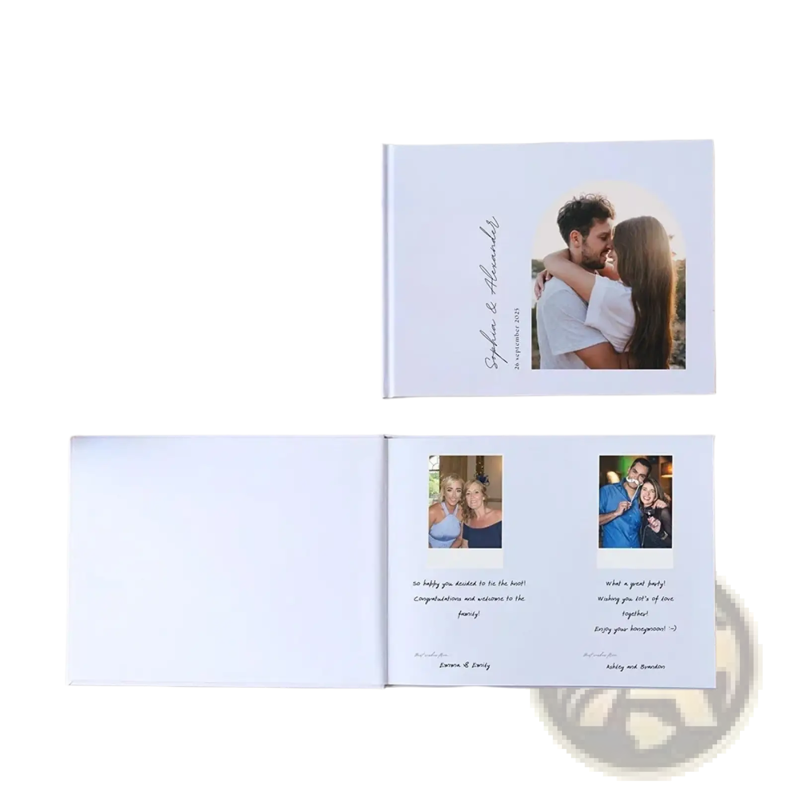 Custom photo wedding guest book white minimalist album with printed photos and handwritten messages on pages