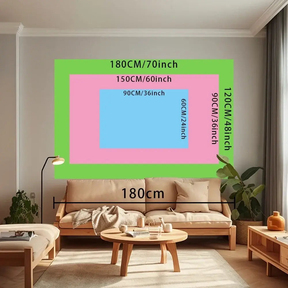 Custom polyester tapestry wall hanging art in character font with colorful green pink and blue nested rectangular design