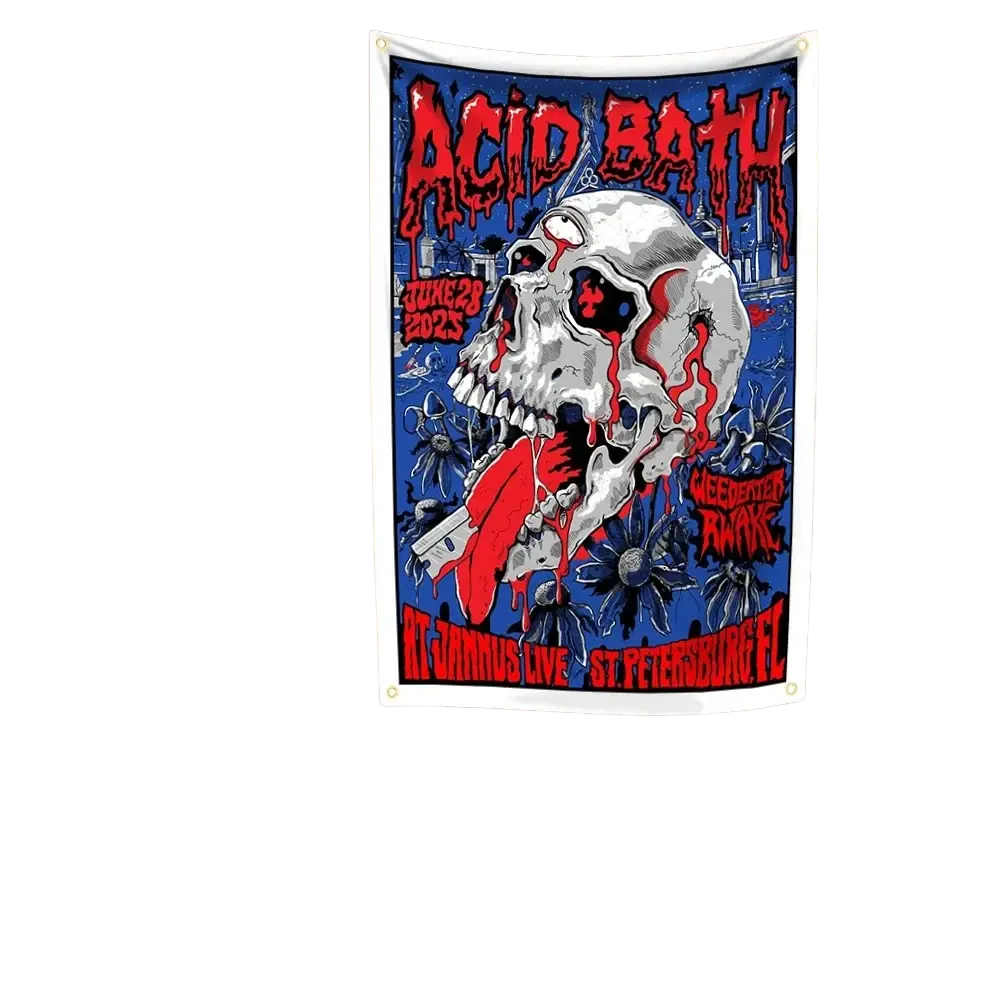 Custom polyester tapestry wall hanging art with vibrant blue and red acid bath concert poster and stylized white skull character font