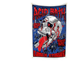 Custom polyester tapestry wall hanging art with vibrant blue and red acid bath concert poster and stylized white skull character font