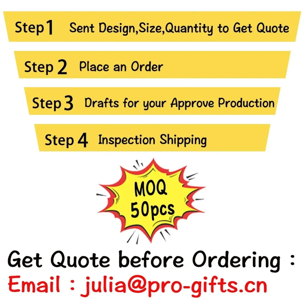 Yellow banner showing a four-step ordering process for custom pvc keychain personalized rubber logo key ring moq 50pcs