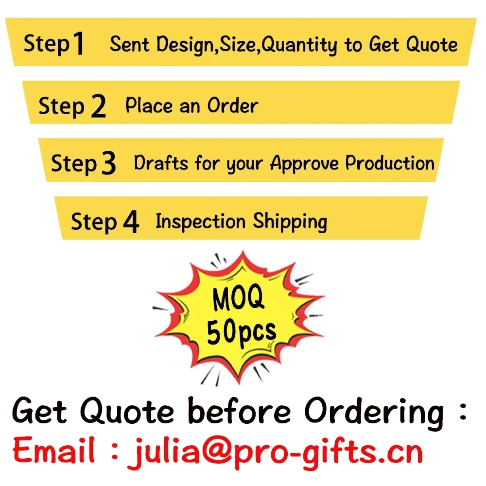 Yellow banner showing a four-step ordering process for custom pvc keychain personalized rubber logo key ring moq 50pcs