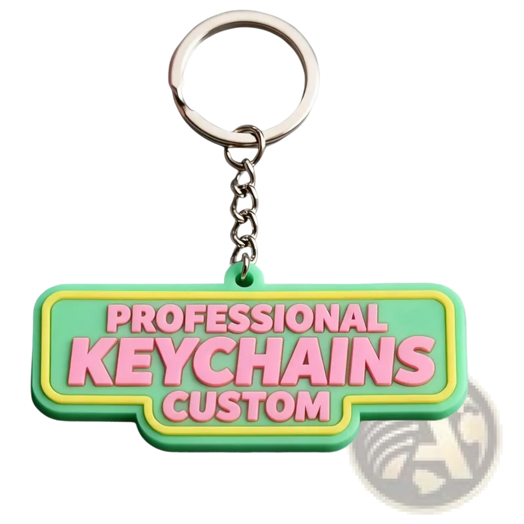 Custom pvc keychain personalized rubber logo key ring in vibrant green and yellow with pink professional keychains custom lettering