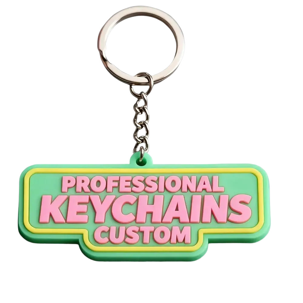 Custom pvc keychain personalized rubber logo key ring in vibrant green and yellow with pink professional keychains custom lettering