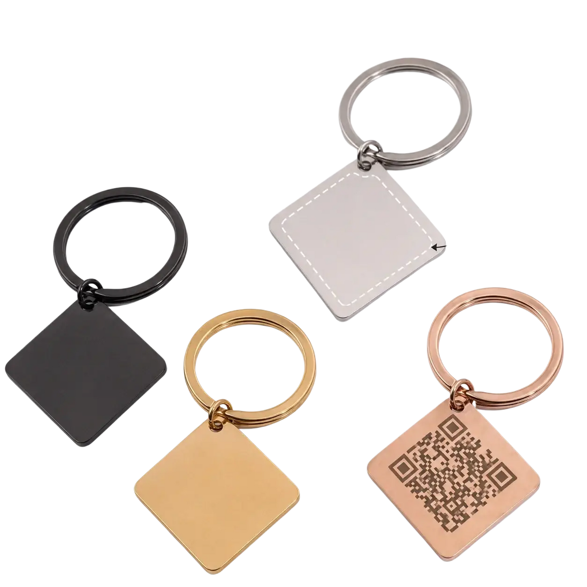 Custom qr code metal keychain with engraved square tag in black silver gold or rose gold finish and circular ring