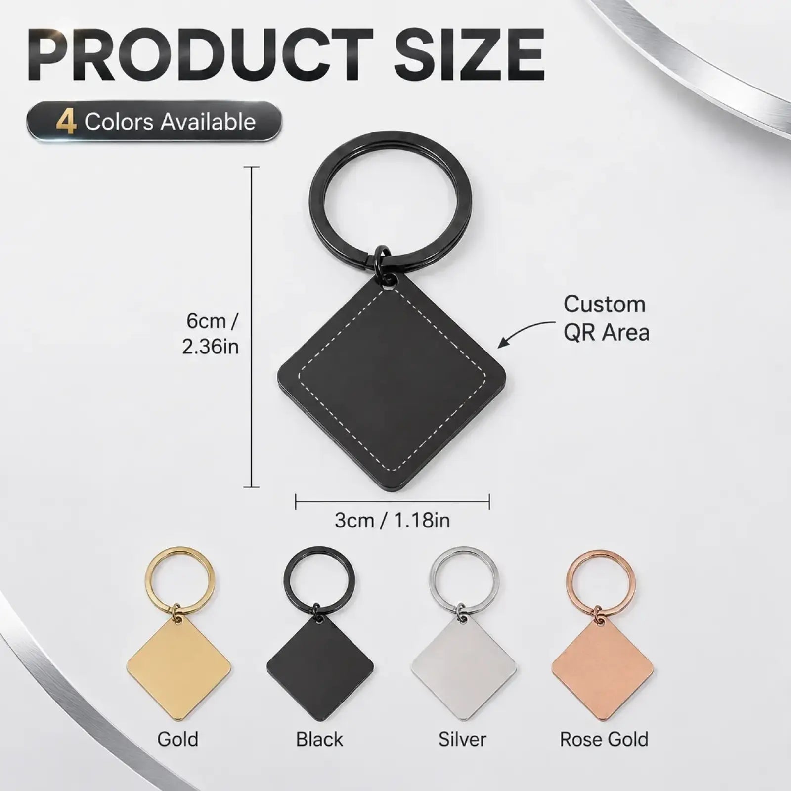 Black diamond-shaped custom qr code metal keychain with stitched edges and metallic ring personalized engraved gift