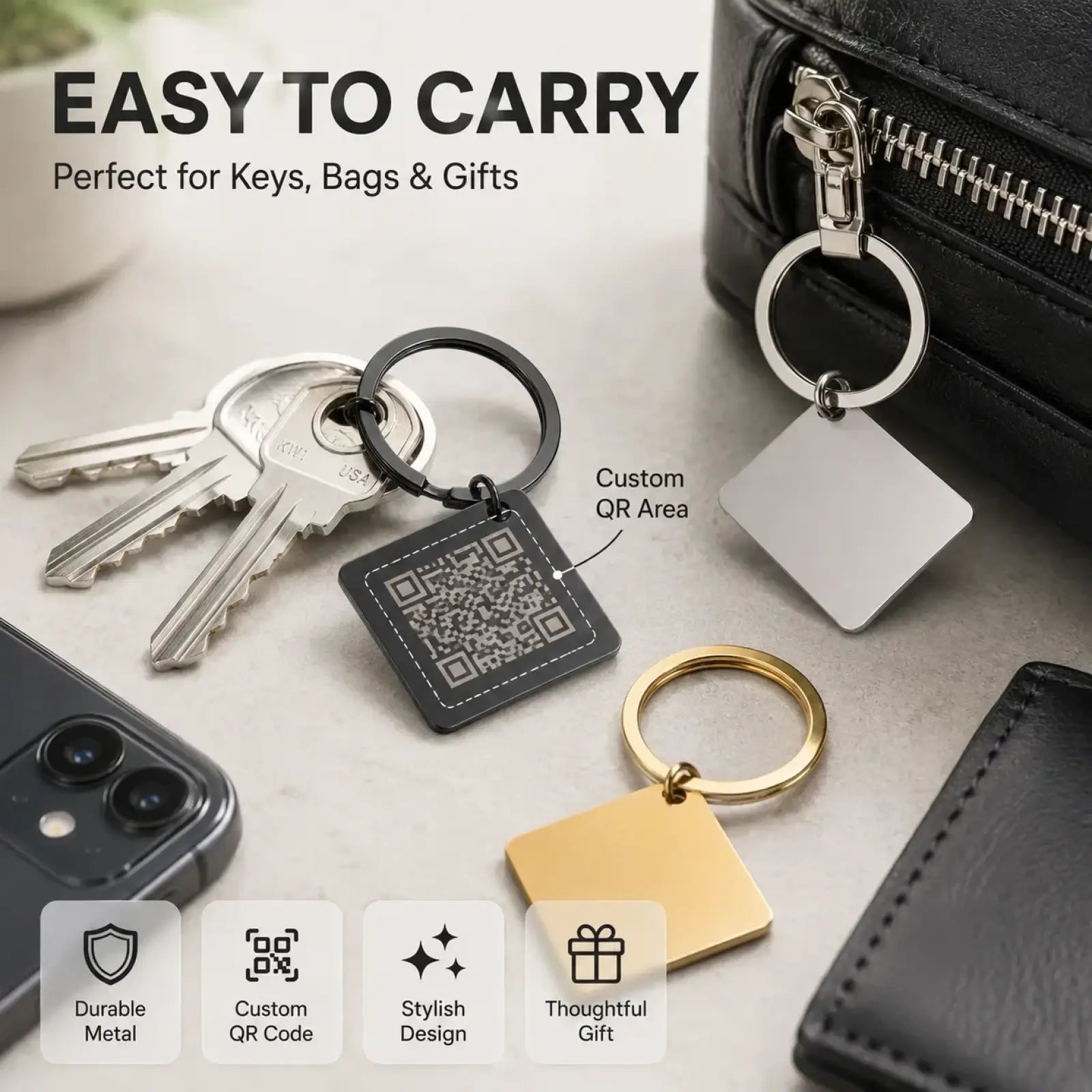 Black metal custom QR code keychain with stitched edge personalized engraved gift accessory