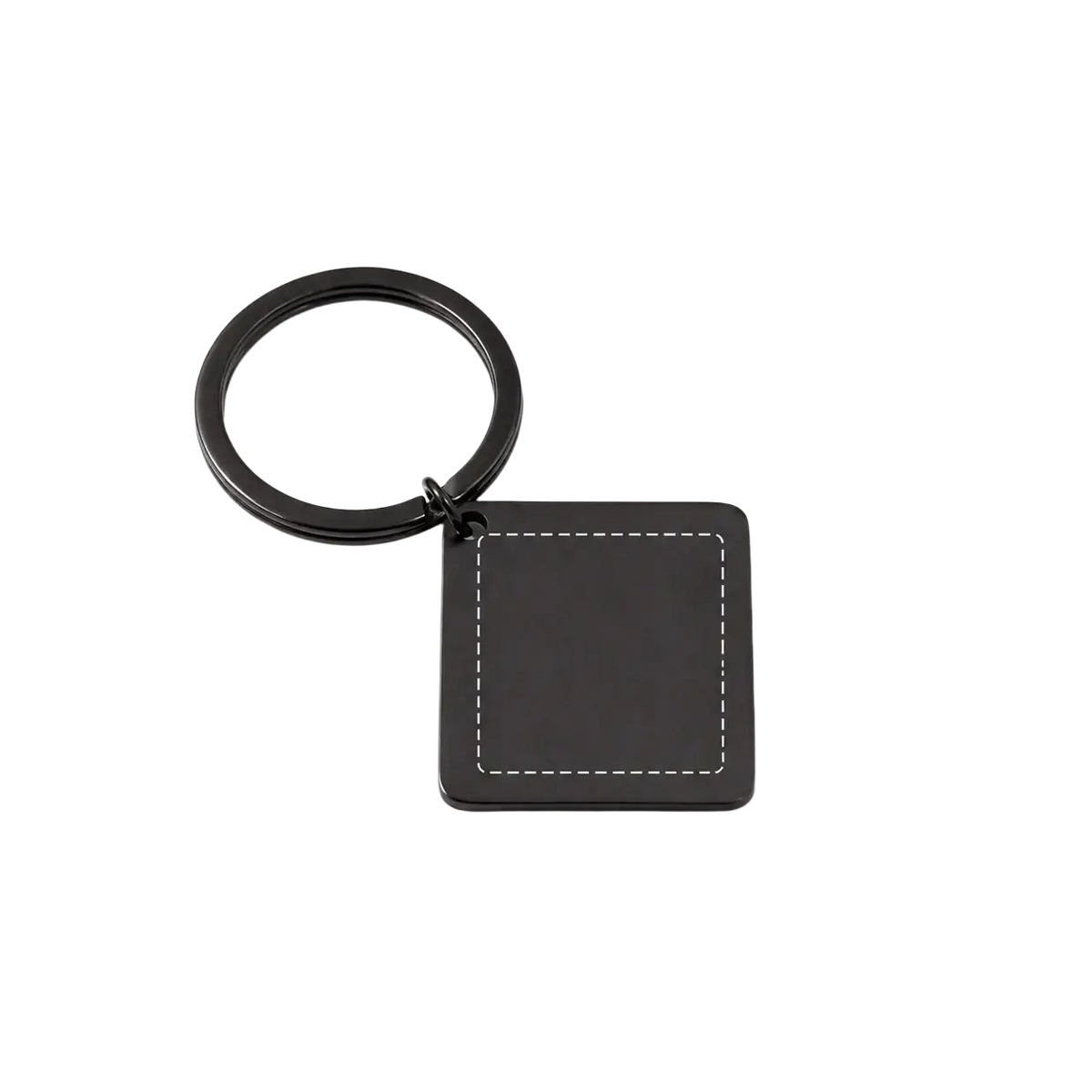 Black square metal keychain with matte finish and white dashed custom engraving area for personalized qr code gift