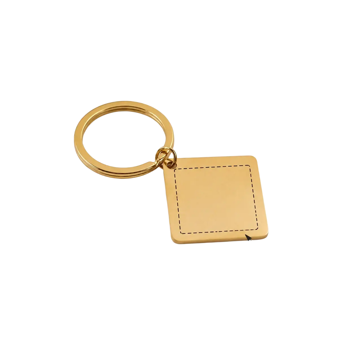 Gold-colored square metal keychain with polished finish and outlined custom engraving area for personalized QR code gift