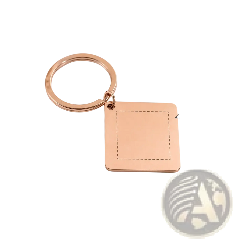 Rose gold square metal keychain with smooth polished finish and custom engraving area for personalized QR code gift