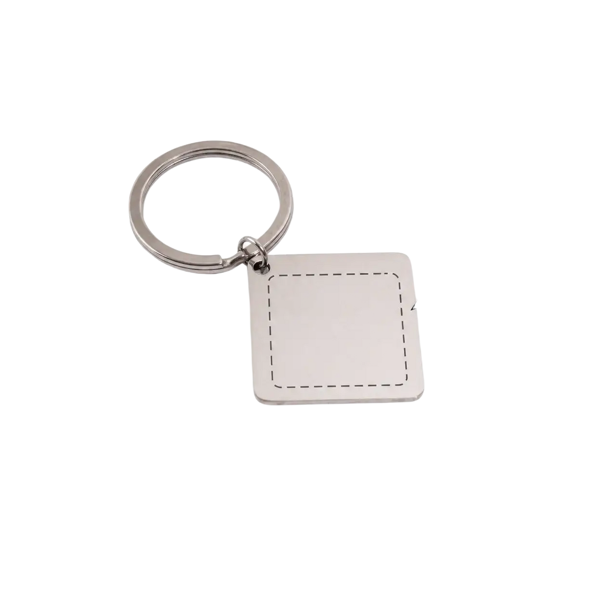 Silver square metal keychain with brushed finish and outlined custom engraving area for personalized qr code gift