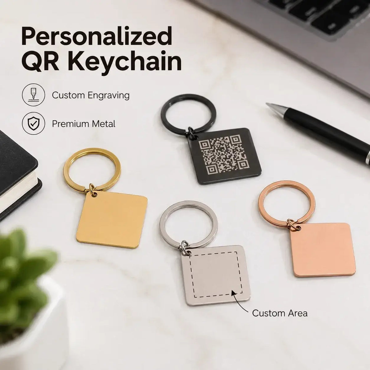 Square-shaped custom qr code metal keychain with sleek metallic finish in gold silver rose gold or black engraved gift