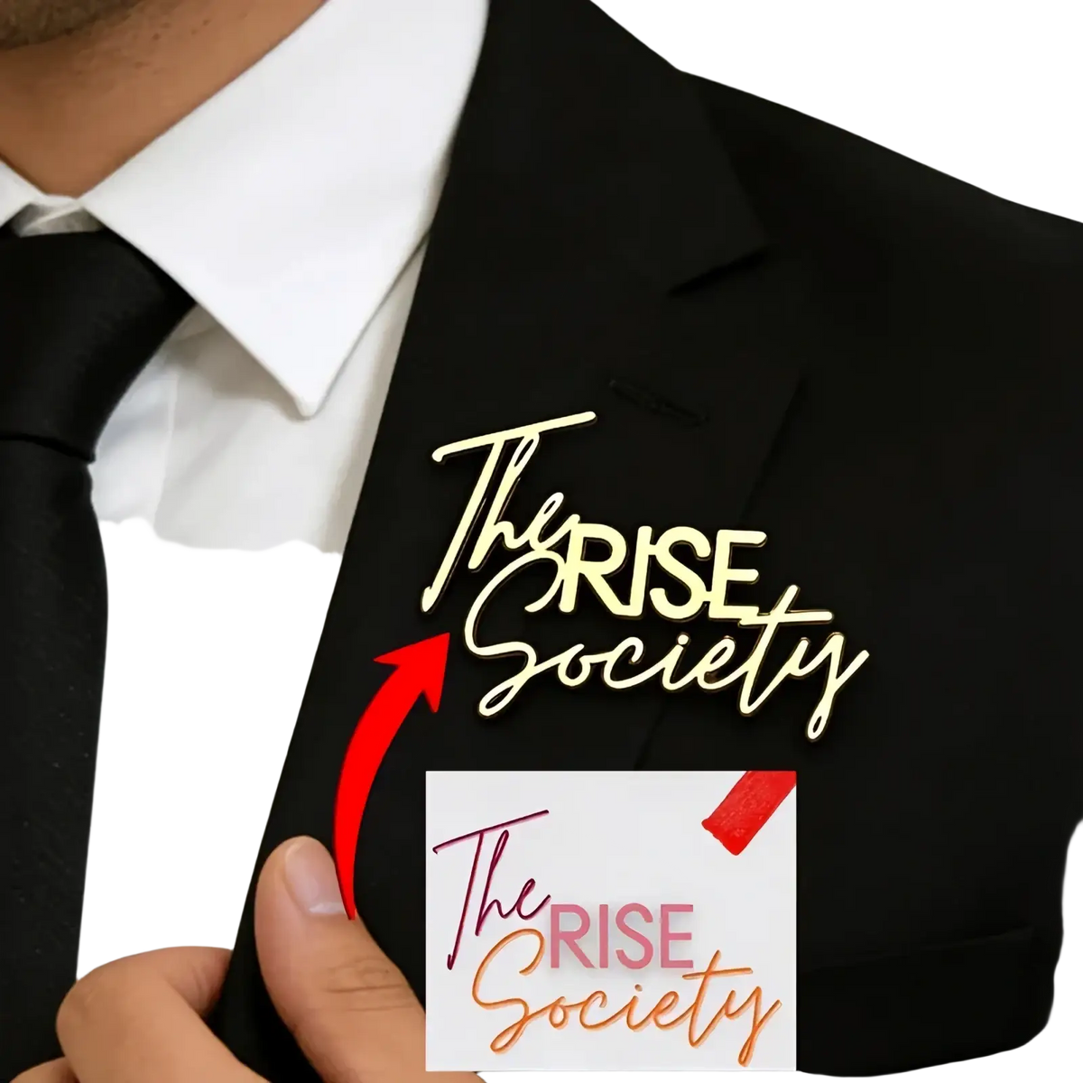 Gold-colored metallic custom signature logo brooch featuring the rise society text in cursive with upward arrow design