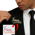 Gold-colored metallic custom signature logo brooch pin with the rise society text in cursive and block font design