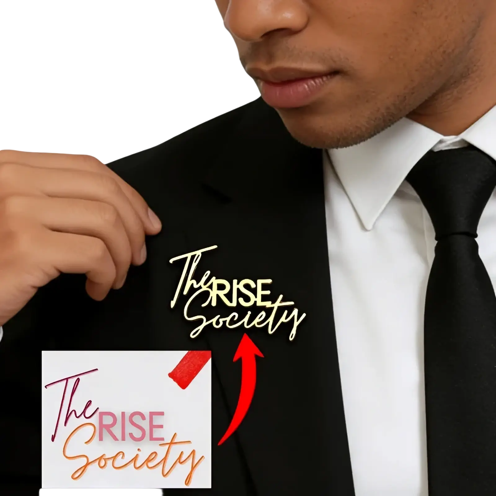 Gold-colored metallic custom signature logo brooch pin with the rise society text in cursive and block font design