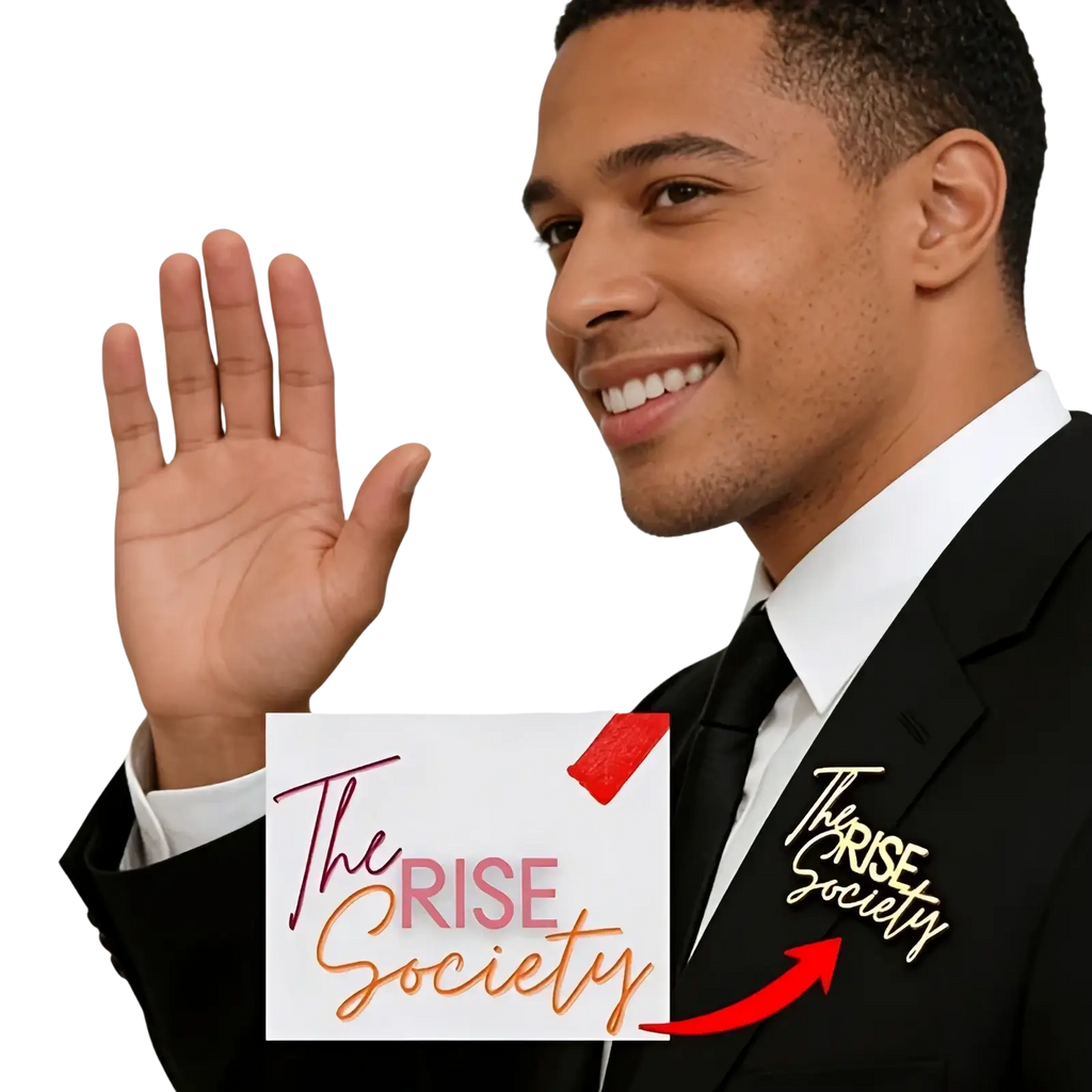 Gold-colored metal custom signature logo brooch pin of the rise society on a black suit jacket