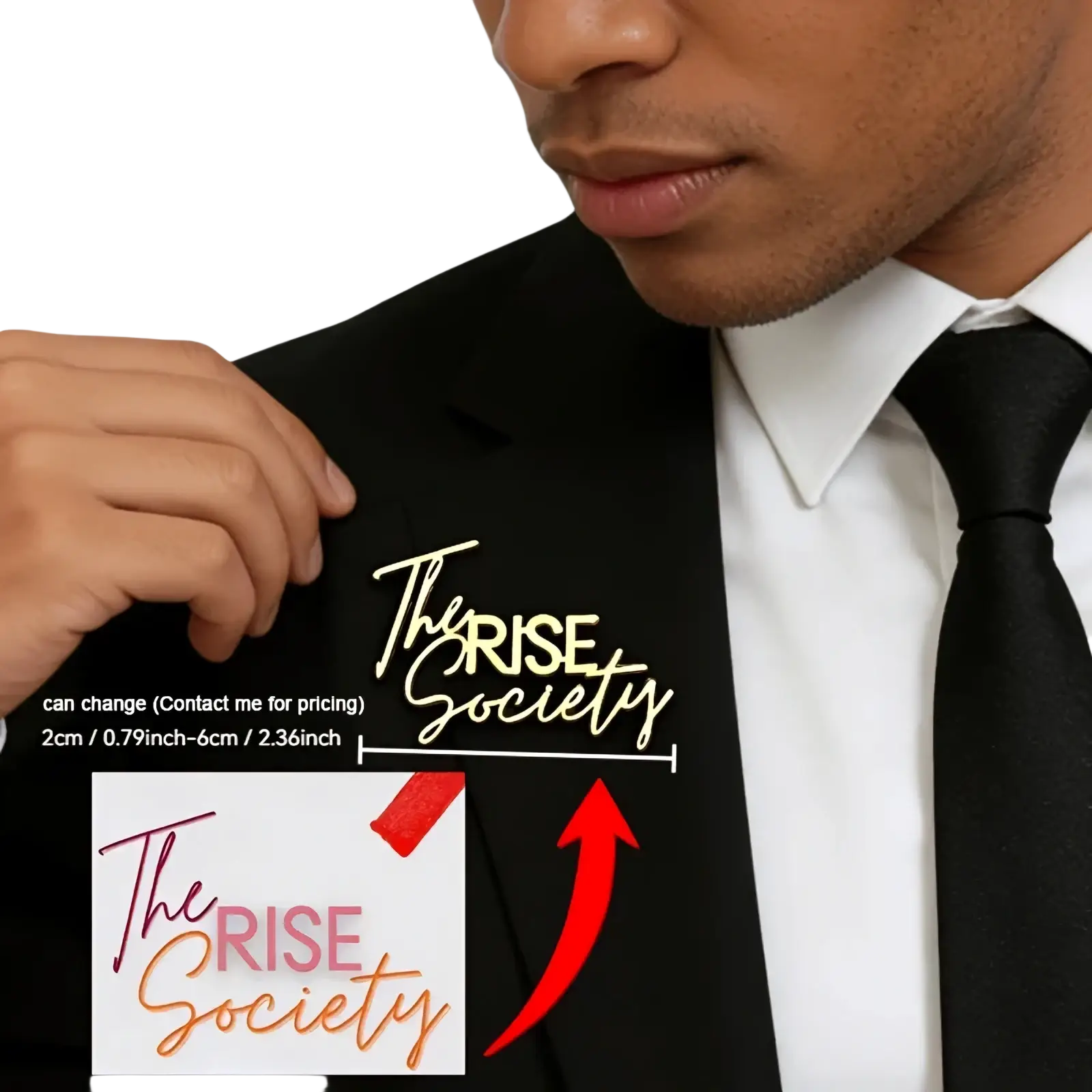 Gold metallic custom signature logo brooch with the rise society cursive and bold sans-serif personalized metal pin