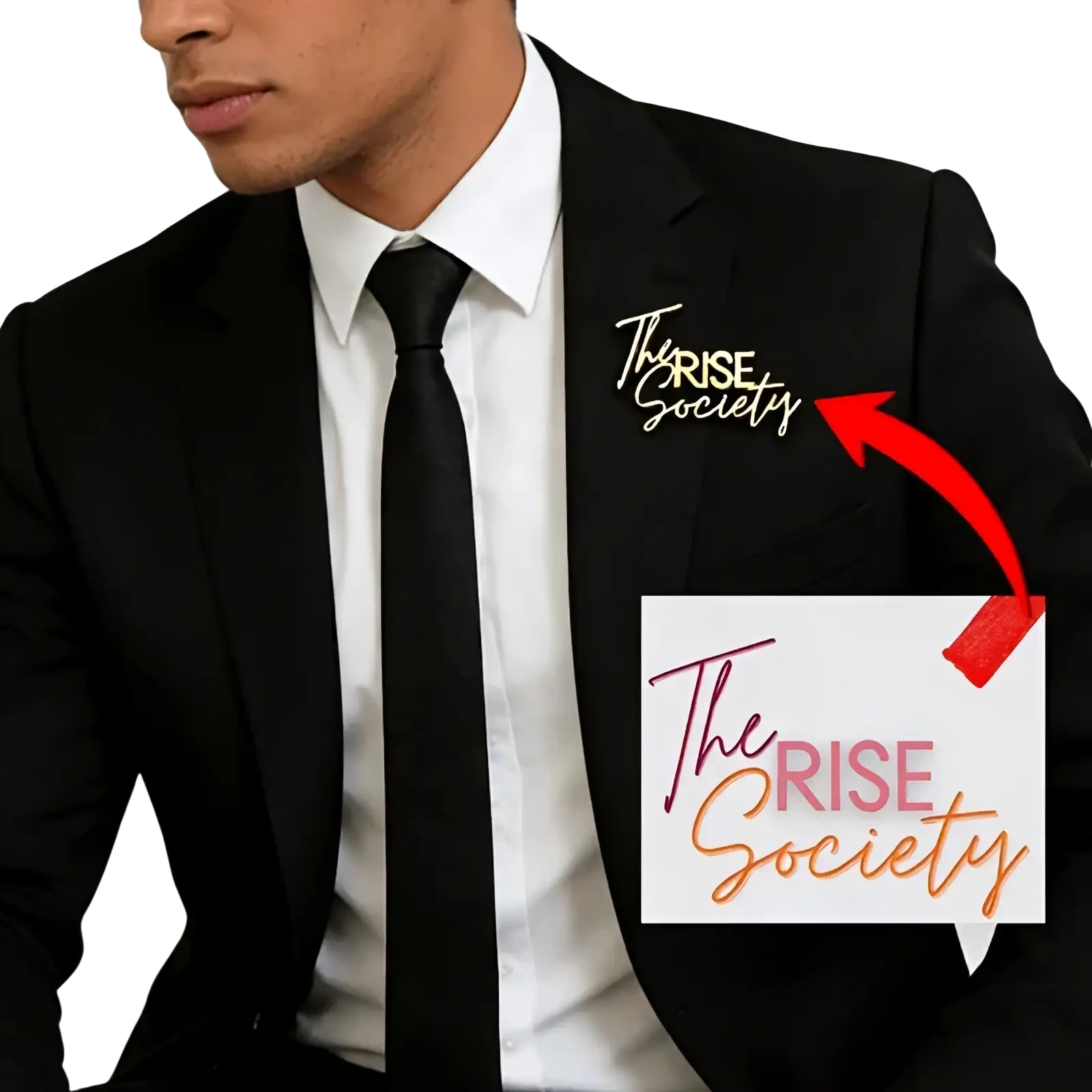 Custom signature logo brooch metal pin in gold and pink on black suit jacket for personalized accessory use