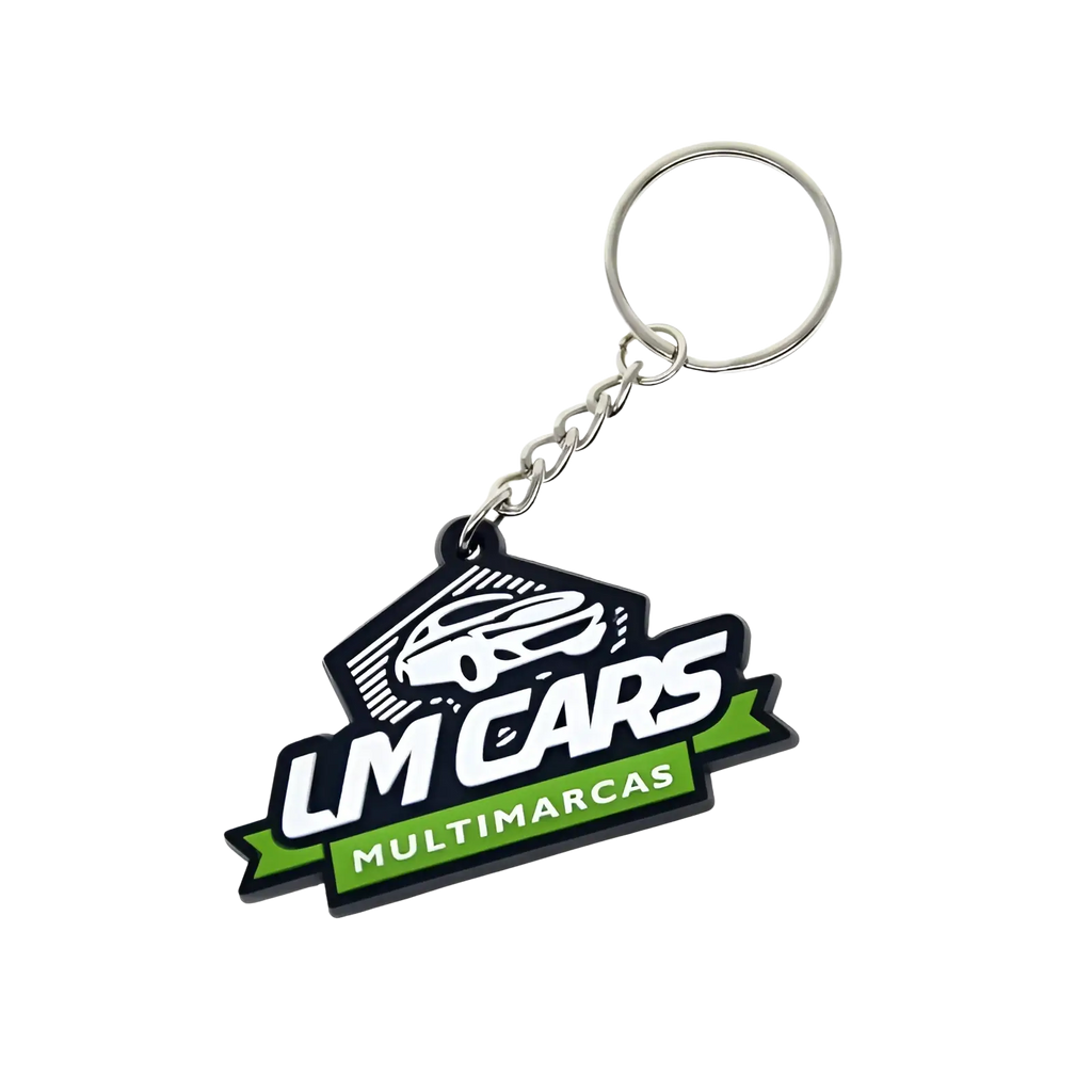 Black and green custom soft pvc keychain with lm cars multimarcas logo featuring a white car silhouette