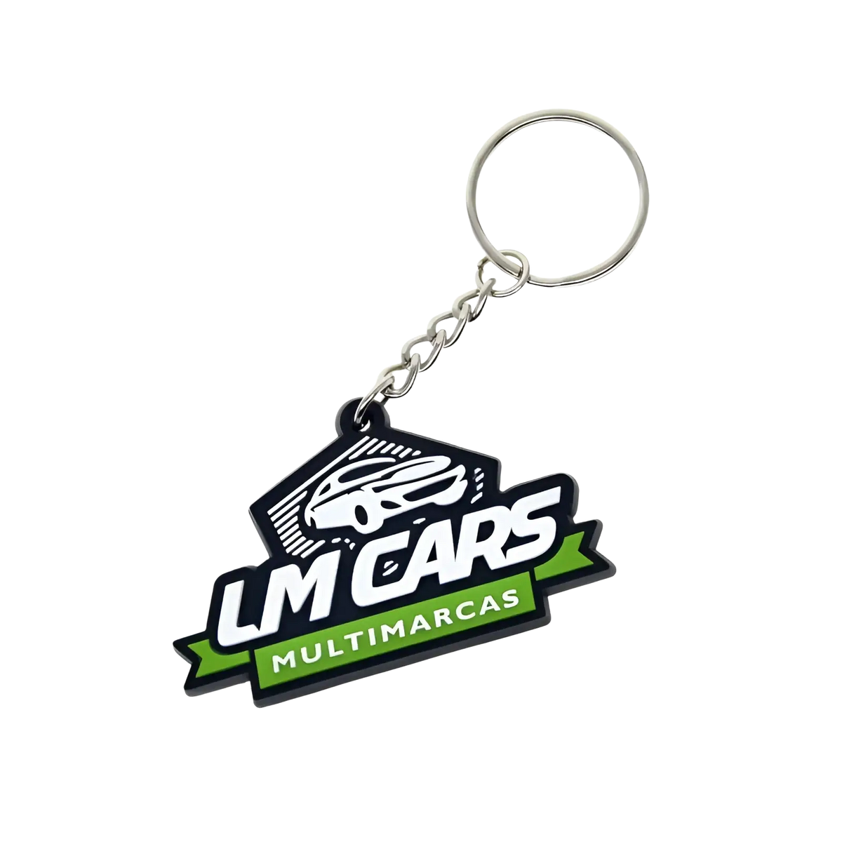 Black and green custom soft pvc keychain with lm cars multimarcas logo featuring a white car silhouette