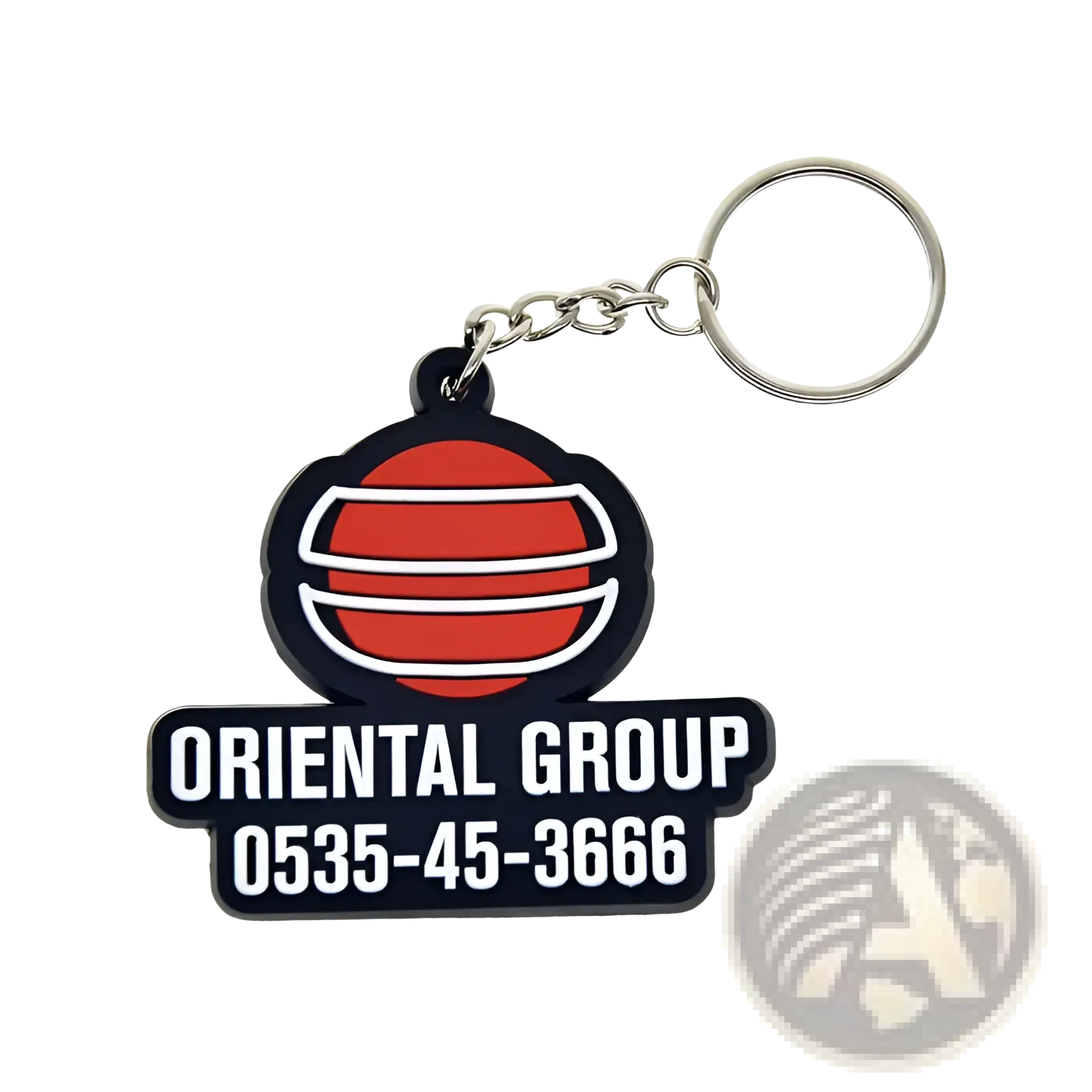 Custom soft PVC keychain personalized rubber key ring in red and white stripes with black base and oriental group text