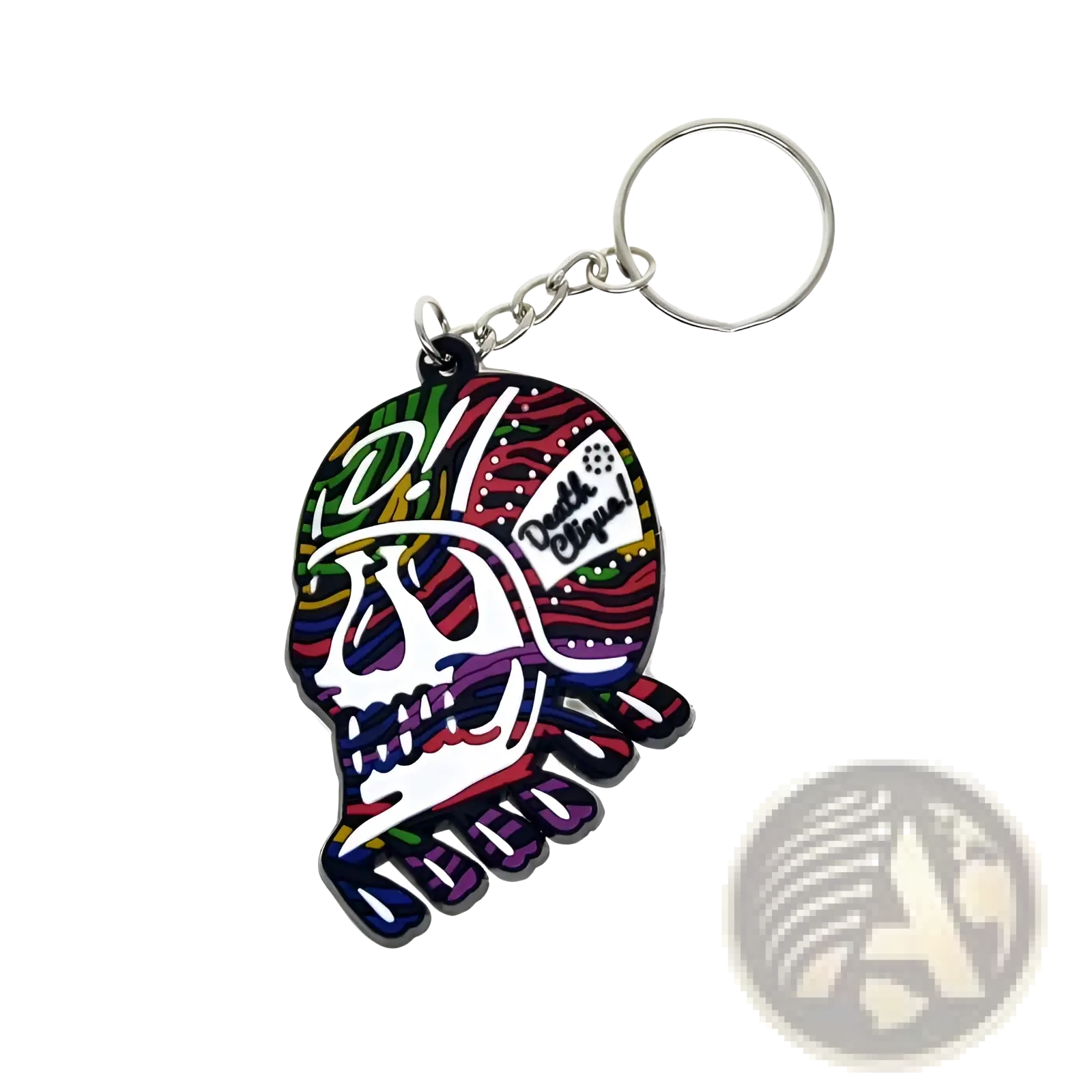 Custom soft pvc keychain featuring a colorful multicolored skull design with a silver metal ring and chain