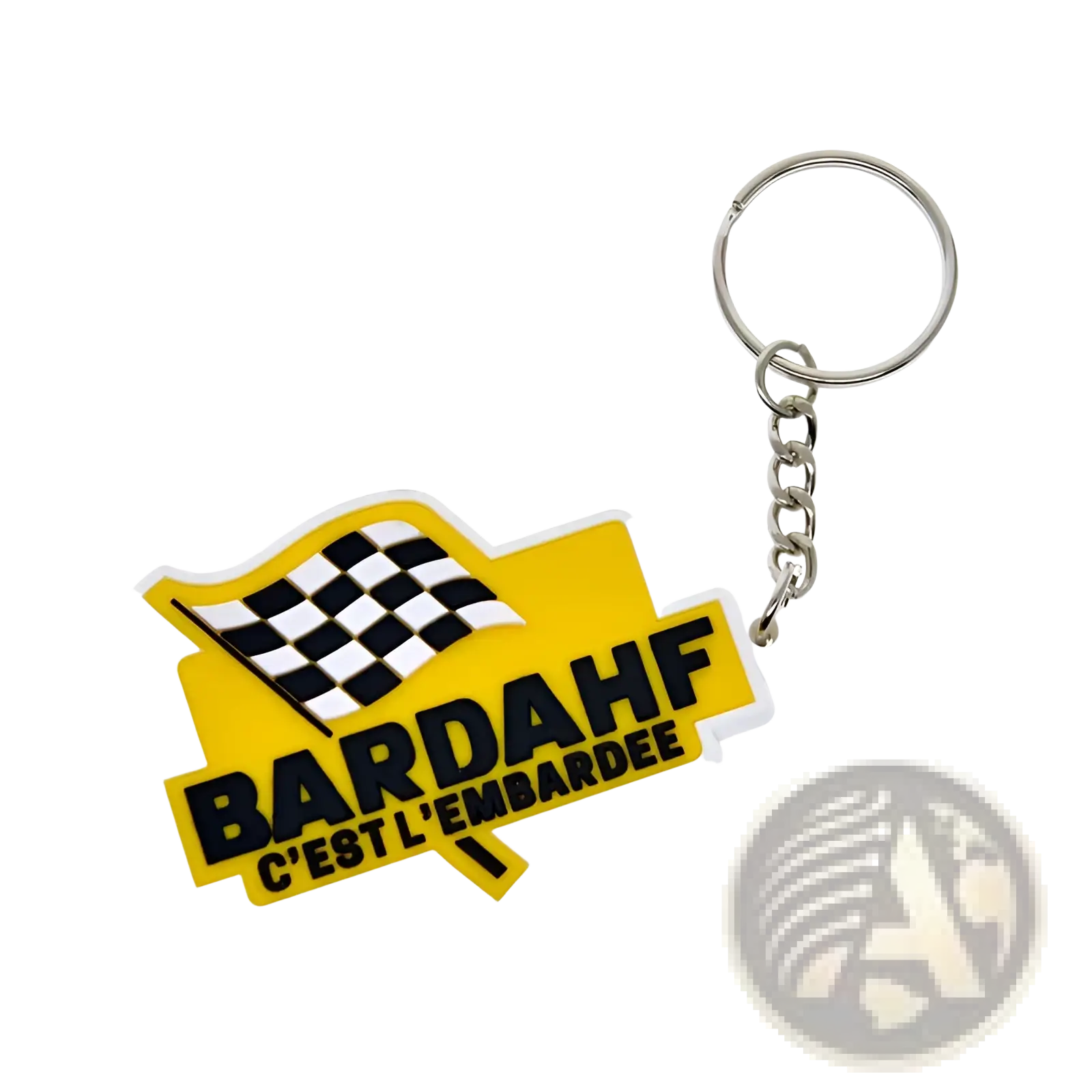 Yellow custom soft pvc keychain featuring black and white checkered flag and bardahf cest lembardee text in bold letters