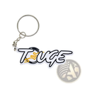 Custom soft PVC keychain featuring a white and black touge logo with yellow flame design and silver metal ring and chain