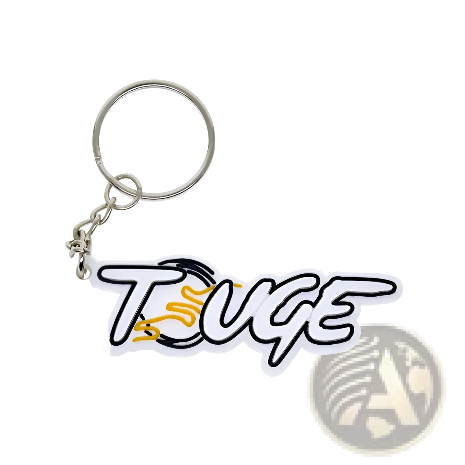 Custom soft PVC keychain featuring a white and black touge logo with yellow flame design and silver metal ring and chain