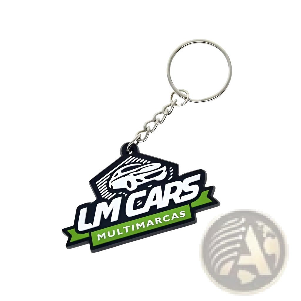 Black and green custom soft pvc keychain with lm cars multimarcas logo featuring a white car silhouette