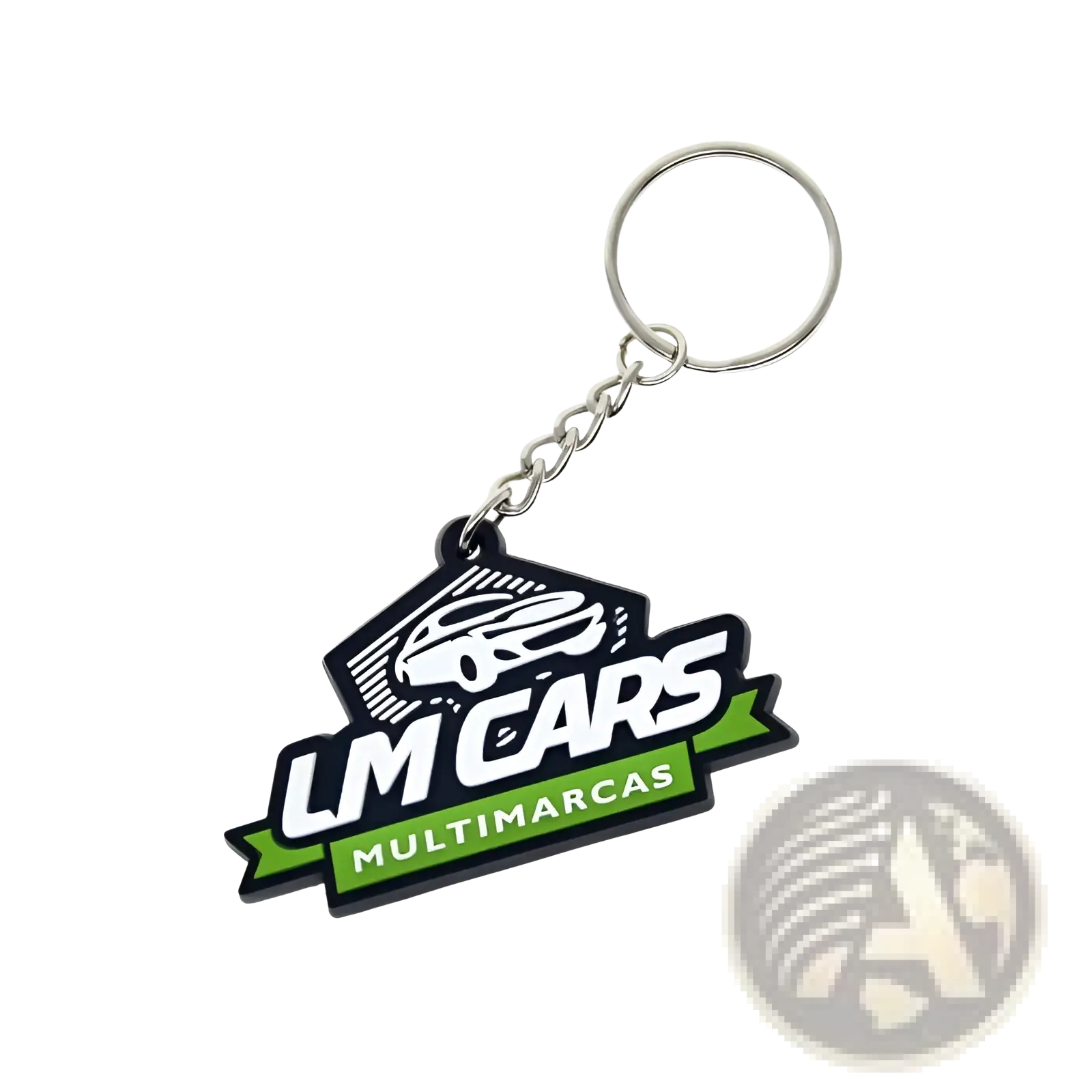 Black and green custom soft pvc keychain with lm cars multimarcas logo featuring a white car silhouette
