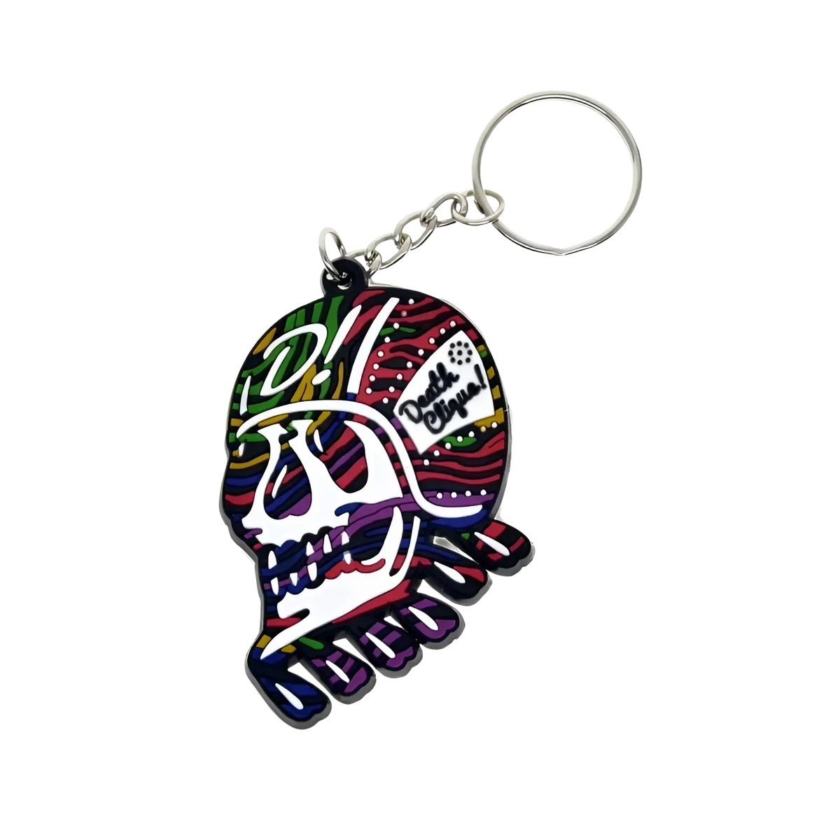 Custom soft pvc keychain featuring a colorful multicolored skull design with a silver metal ring and chain