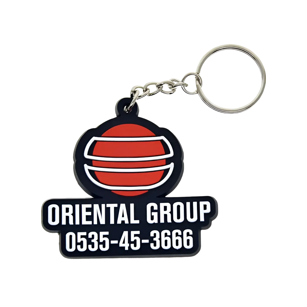 Custom soft PVC keychain personalized rubber key ring in red and white stripes with black base and oriental group text