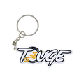 Custom soft PVC keychain featuring a white and black touge logo with yellow flame design and silver metal ring and chain