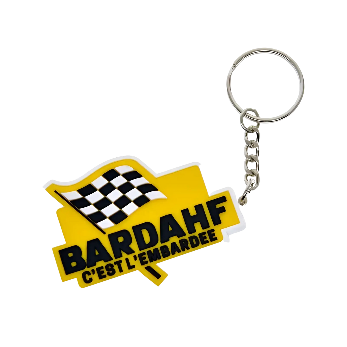 Yellow custom soft pvc keychain featuring black and white checkered flag and bardahf cest lembardee text in bold letters