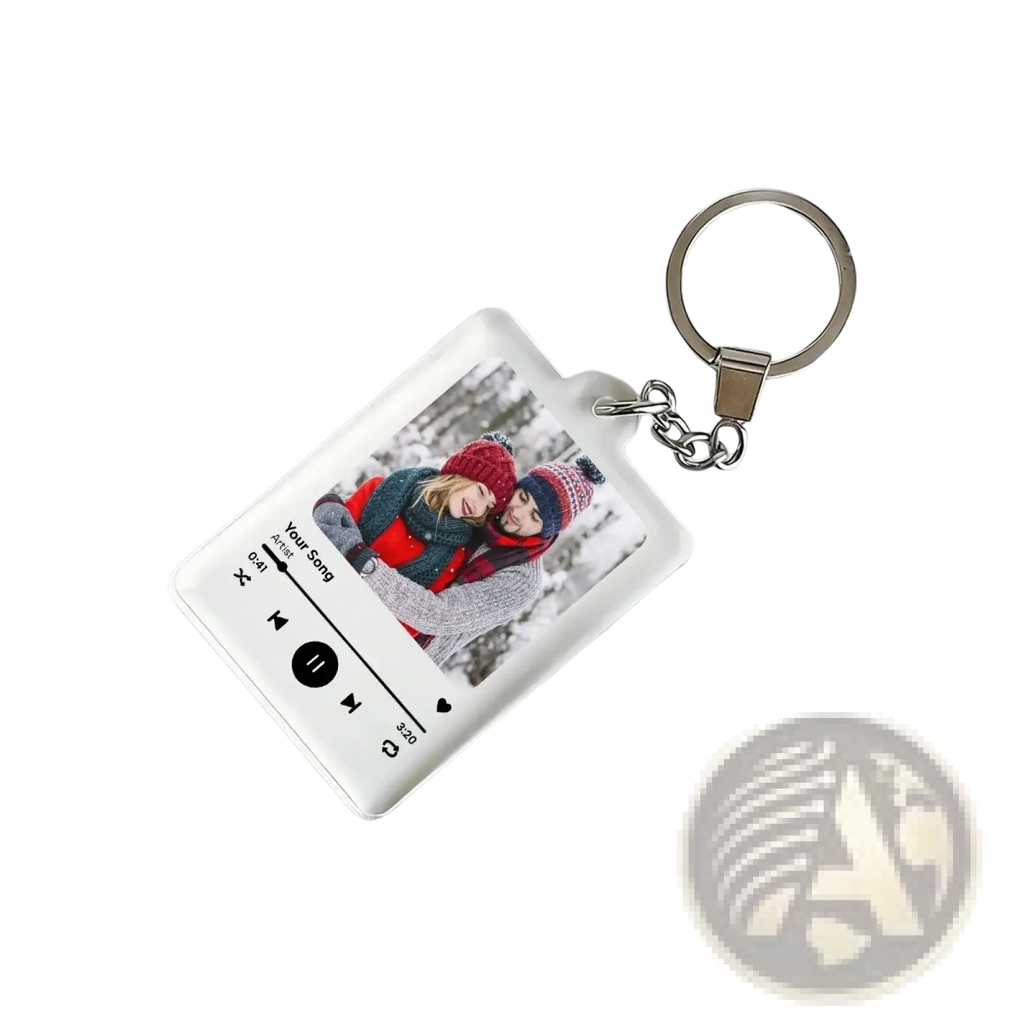 Clear rectangular custom spotify music player keychain with photo, acrylic material, silver metal ring and chain