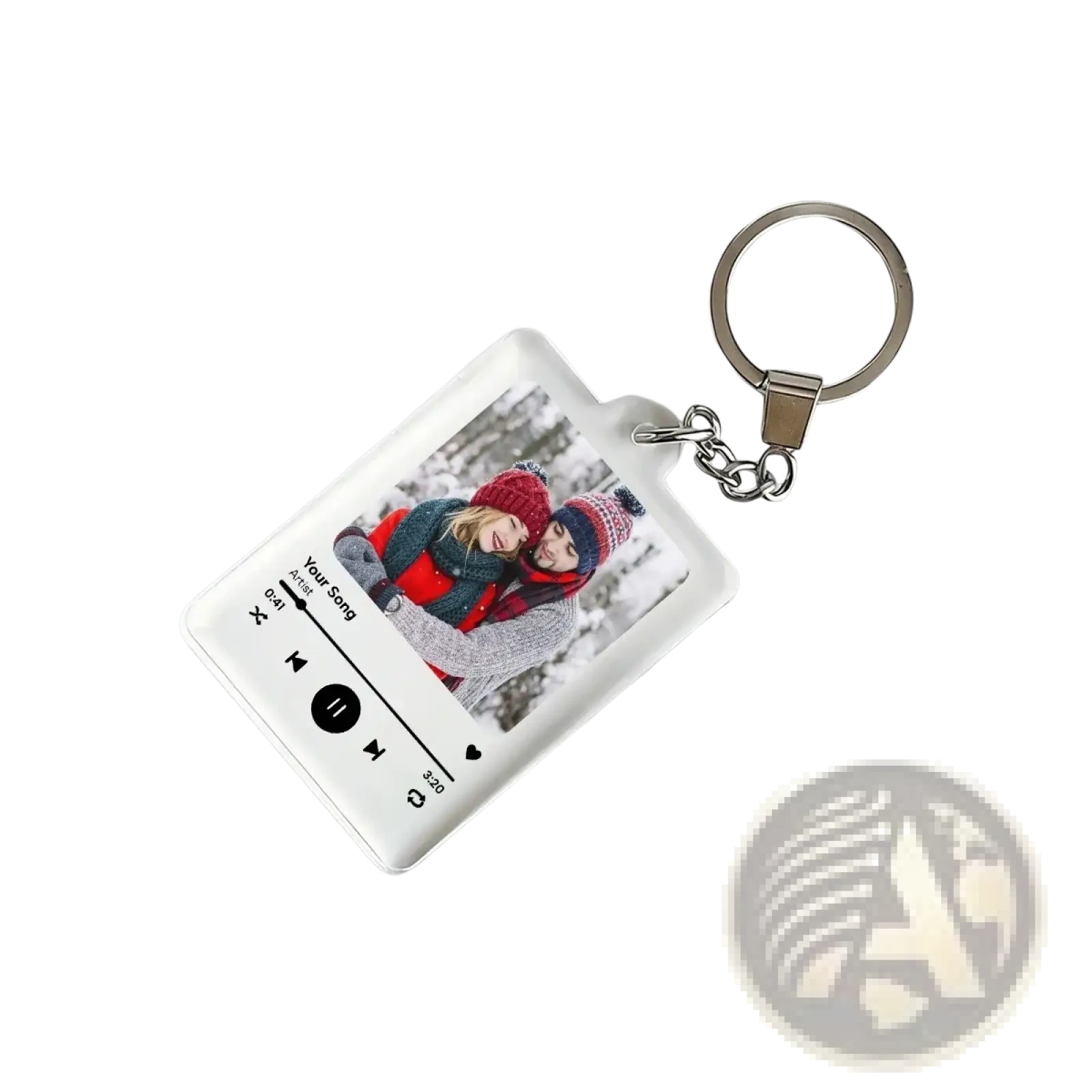 Clear rectangular custom spotify music player keychain with photo, acrylic material, silver metal ring and chain