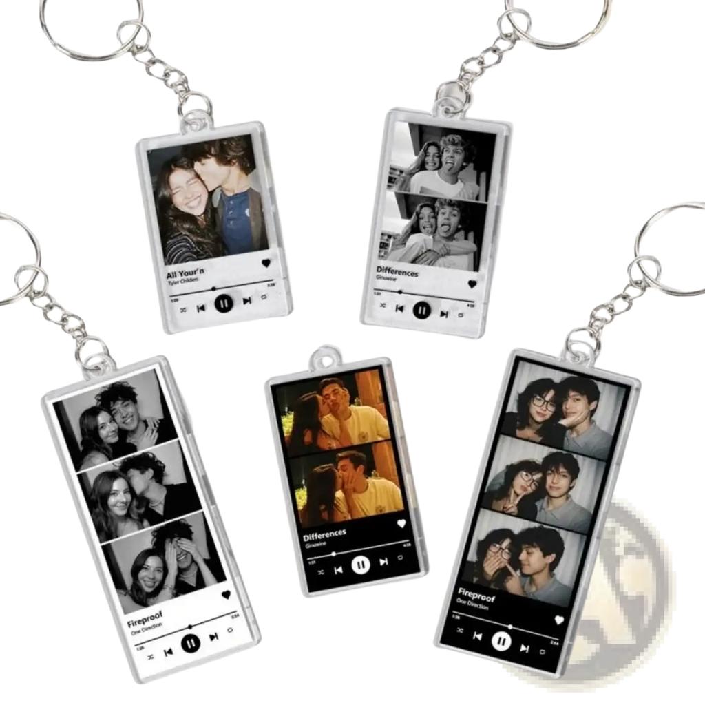 Clear acrylic custom spotify music player keychains with personalized photos and song titles by tyler the creator and one direction