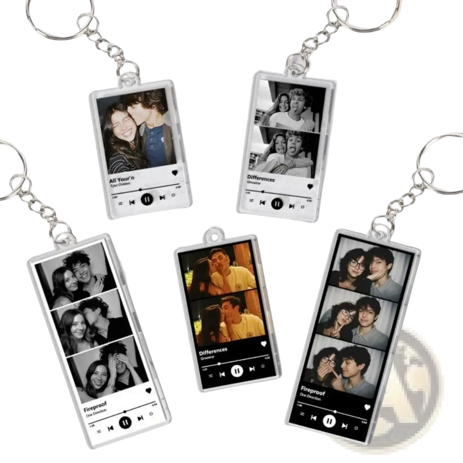 Clear acrylic custom spotify music player keychains with personalized photos and song titles by tyler the creator and one direction