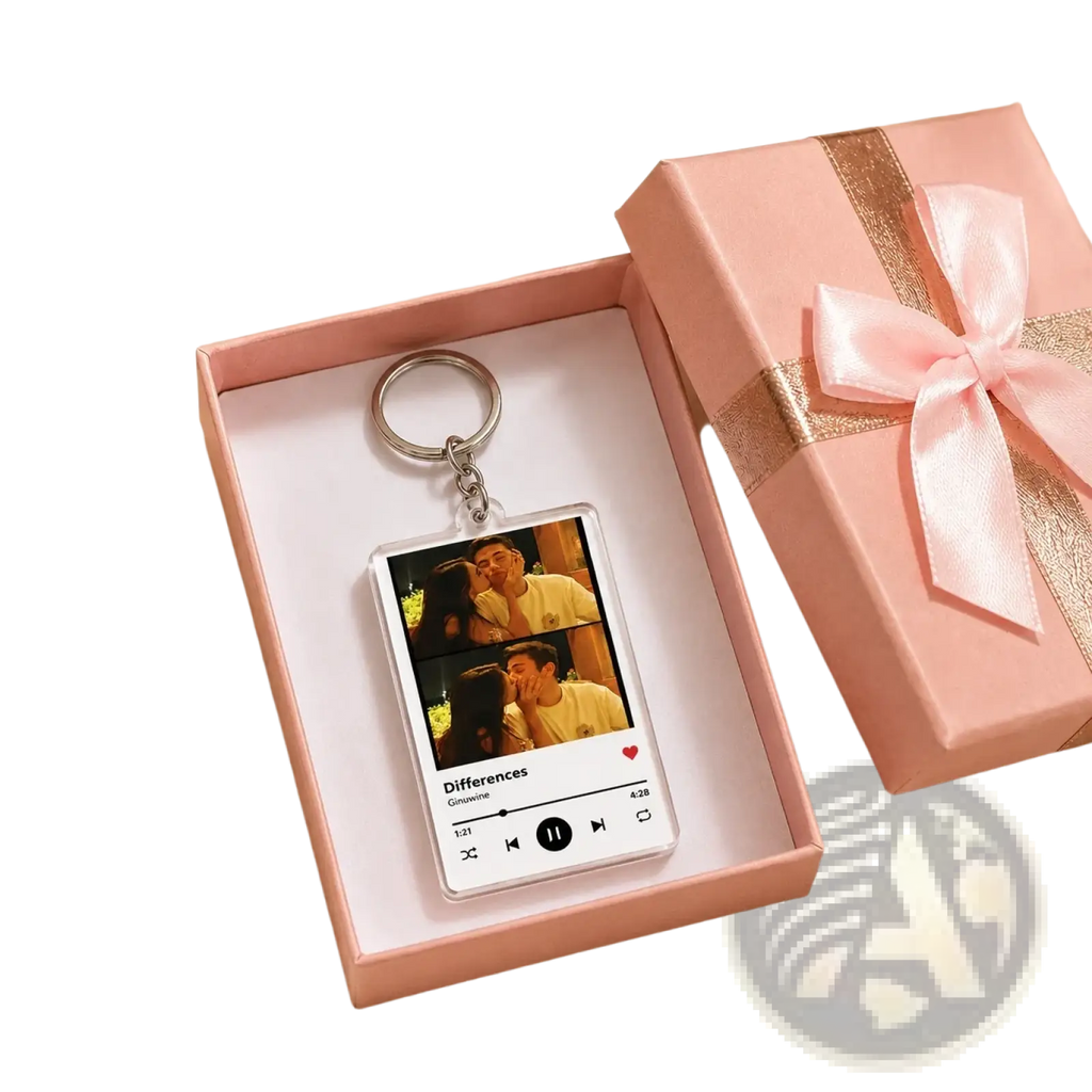 A clear rectangular acrylic custom Spotify music player keychain with couple photos and song details in a pink gift box