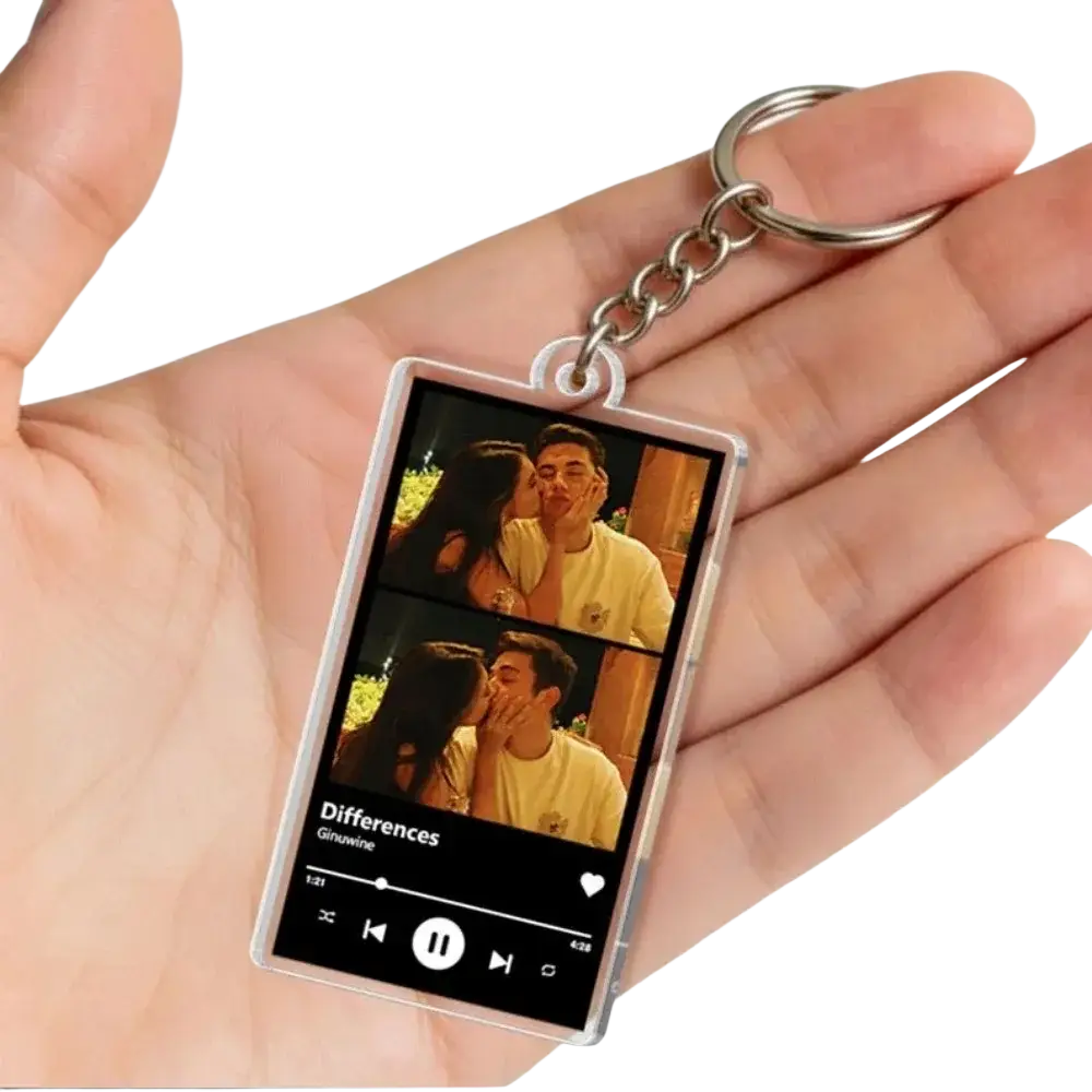 Clear acrylic custom spotify music player keychain featuring a personalized couple photo and ginuwine song differences
