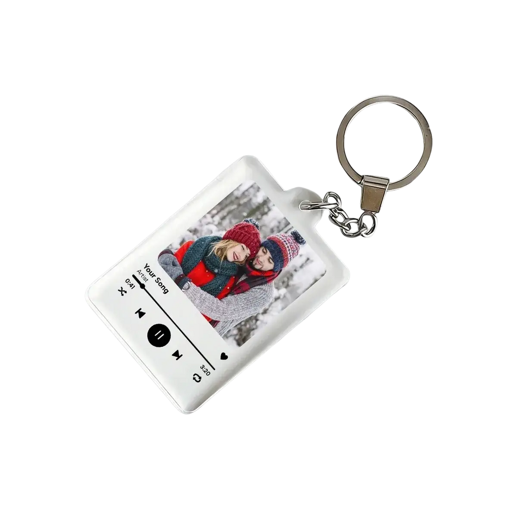 Clear rectangular custom spotify music player keychain with photo, acrylic material, silver metal ring and chain