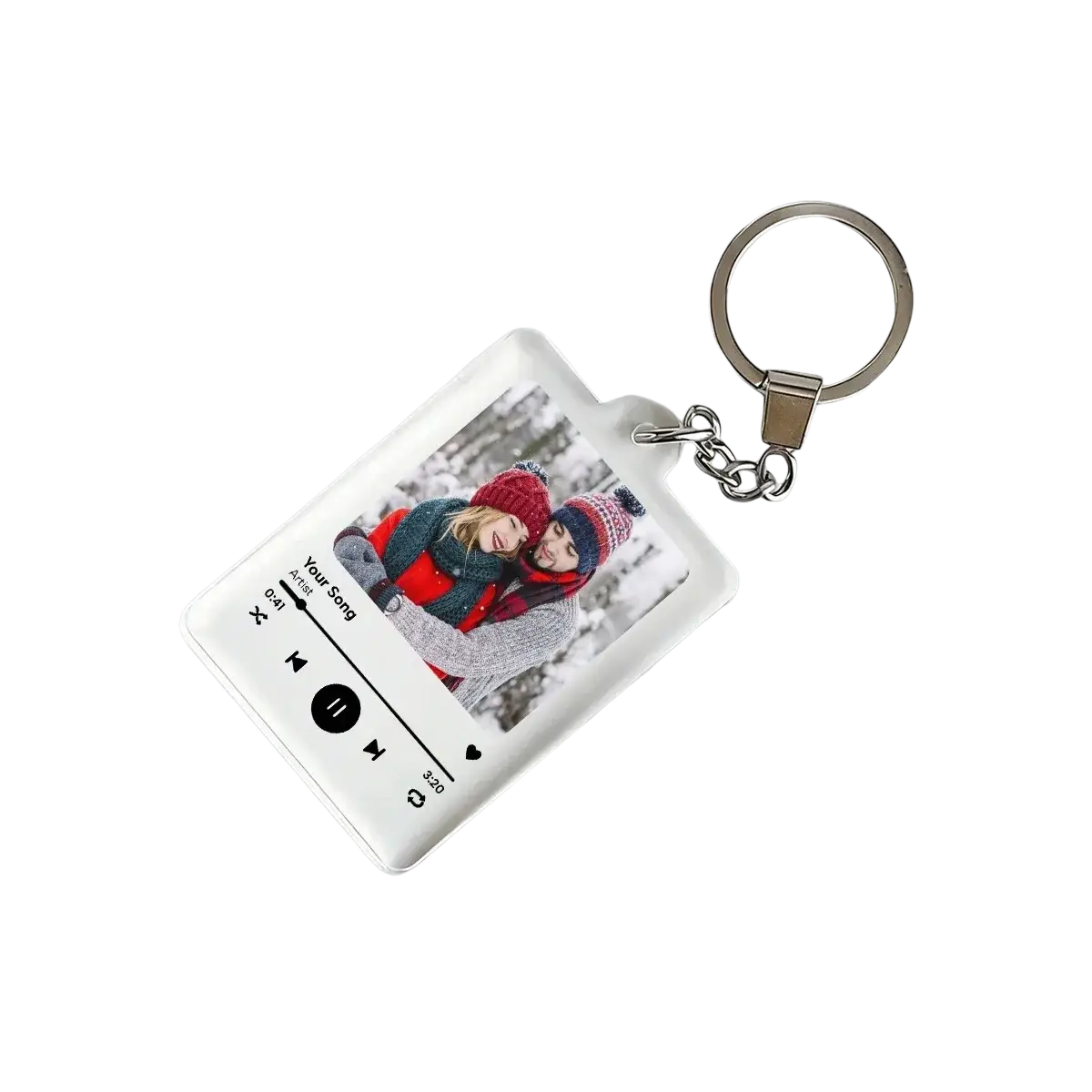 Clear rectangular custom spotify music player keychain with photo, acrylic material, silver metal ring and chain