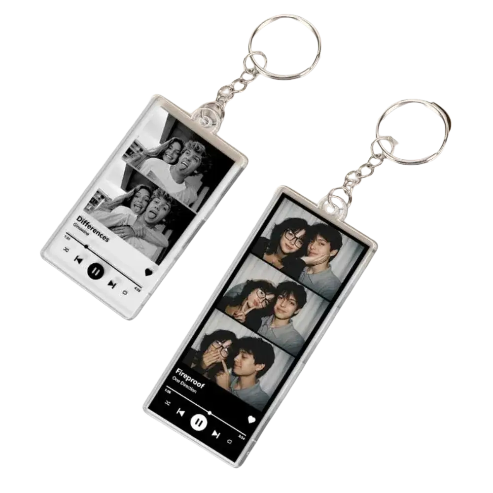 Two rectangular transparent acrylic keychains with black and white photo collages and spotify music player design