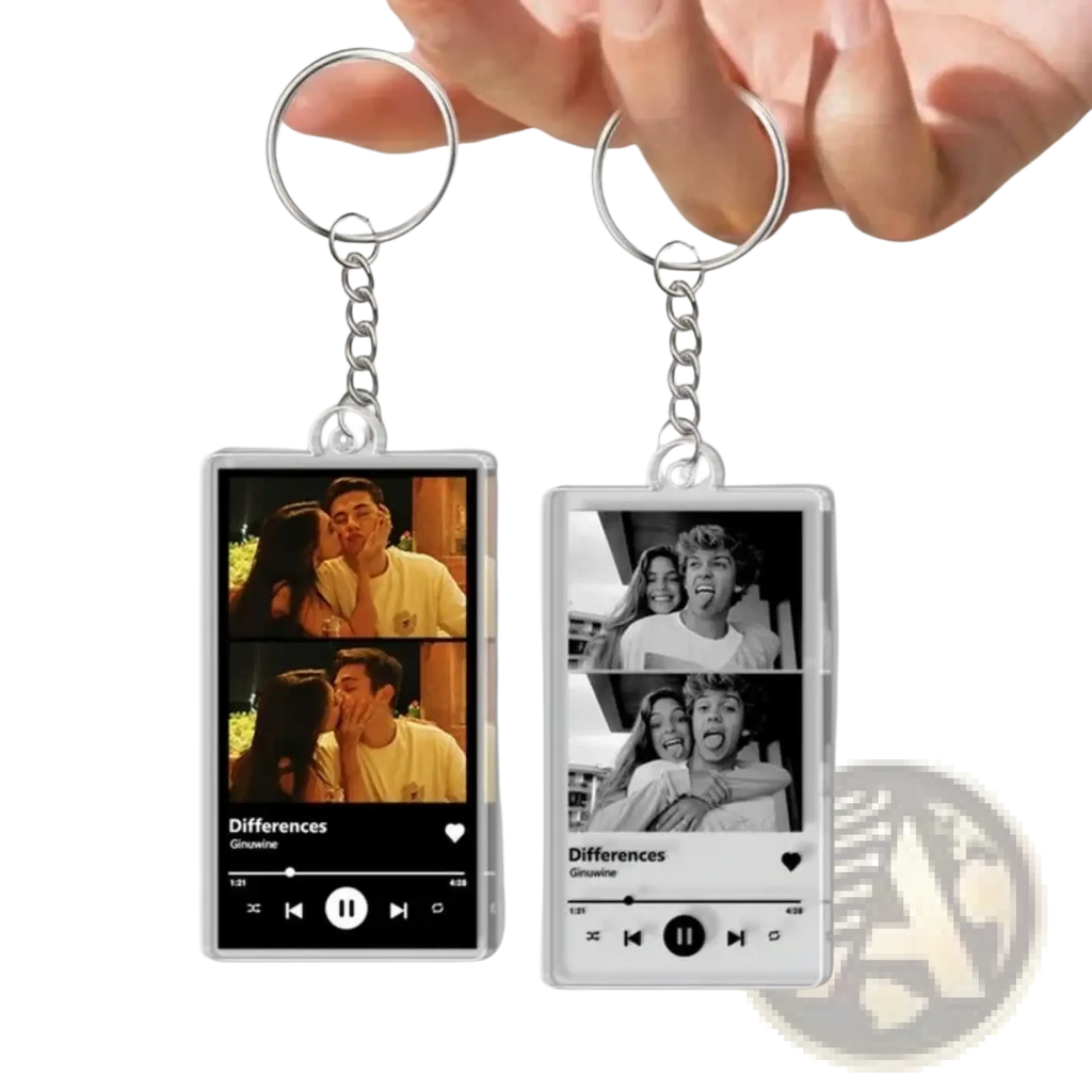 Two transparent acrylic rectangular keychains with custom spotify music player design and color and black-and-white photos