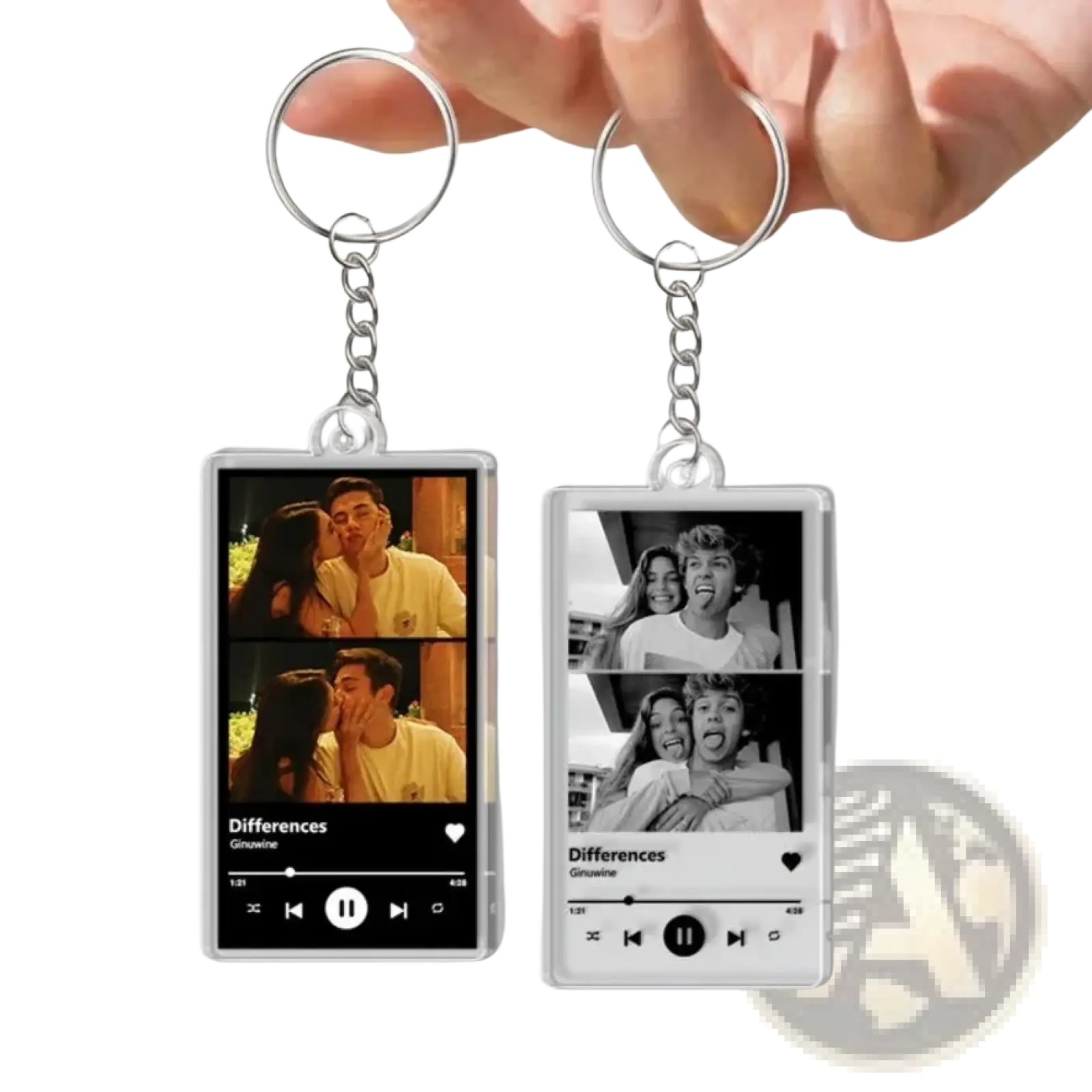 Two transparent acrylic rectangular keychains with custom spotify music player design and color and black-and-white photos