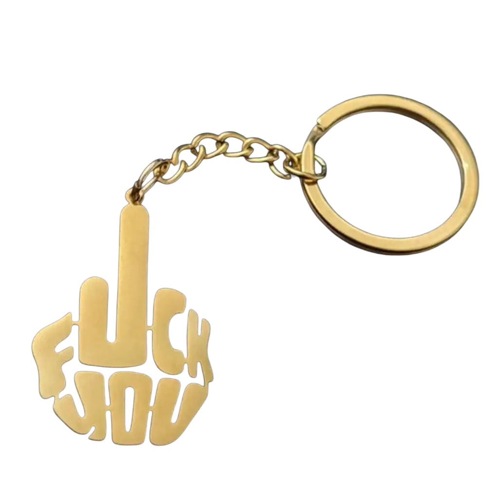 Custom stainless steel keychain in gold featuring a stylized hand gesture with bold uppercase words fuck you cut out