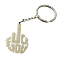 Custom stainless steel keychain in silver featuring a middle finger design with bold blocky fuck you lettering