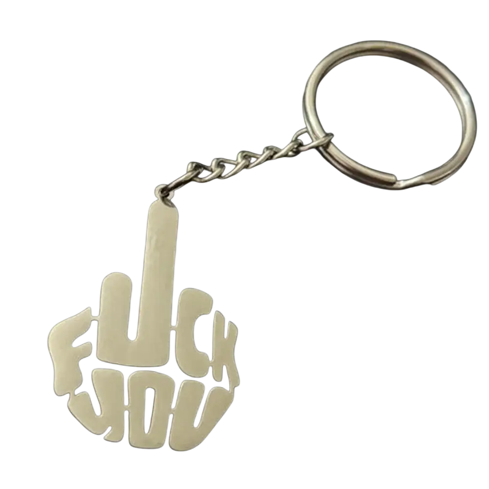 Custom stainless steel keychain in silver featuring a middle finger design with bold blocky fuck you lettering
